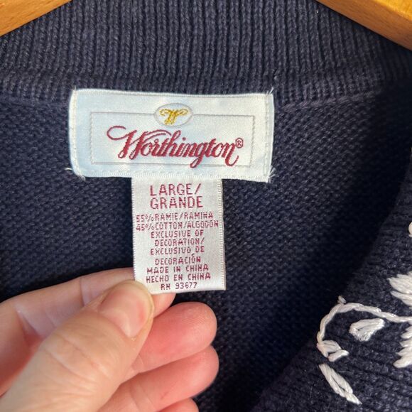 Worthington Vintage Navy Embroidered Crochet Knit Short Sleeve Sweater Large - Picture 8 of 11